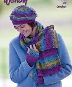 Wendy Aurora Double Knit 8ply acrylic pattern crochet scarf beret & mitts