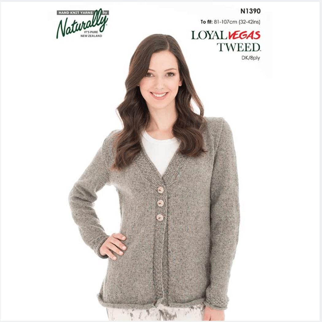 Naturally loyal vegas tweed women's knitting pattern N1390 3-button cardigan