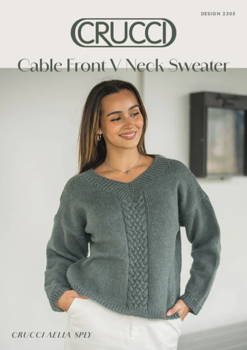 V Neck Cable Front Sweater 2305 | Crucci Women's Knitting Pattern DK