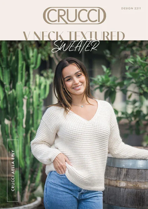 V Neck Textured Sweater 2311 | Crucci Women's Knitting Pattern DK